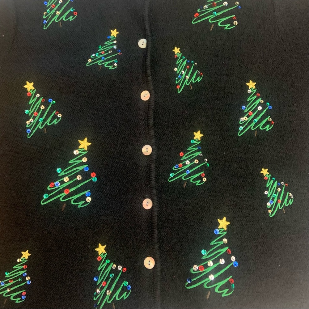 Vintage 80’s Wool Christmas Tree Embellished Black Cardigan Sweater Large - Picture 8 of 9